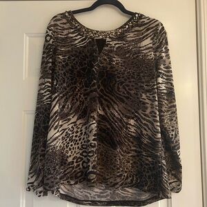 Susan Graver Zebra Print Embellished Blouse Size XL